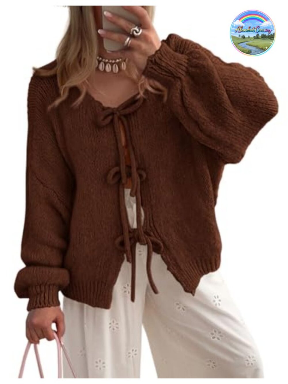 Tie Front Bow Cardigan Sweater Cable Knit Puff Sleeve Open Front